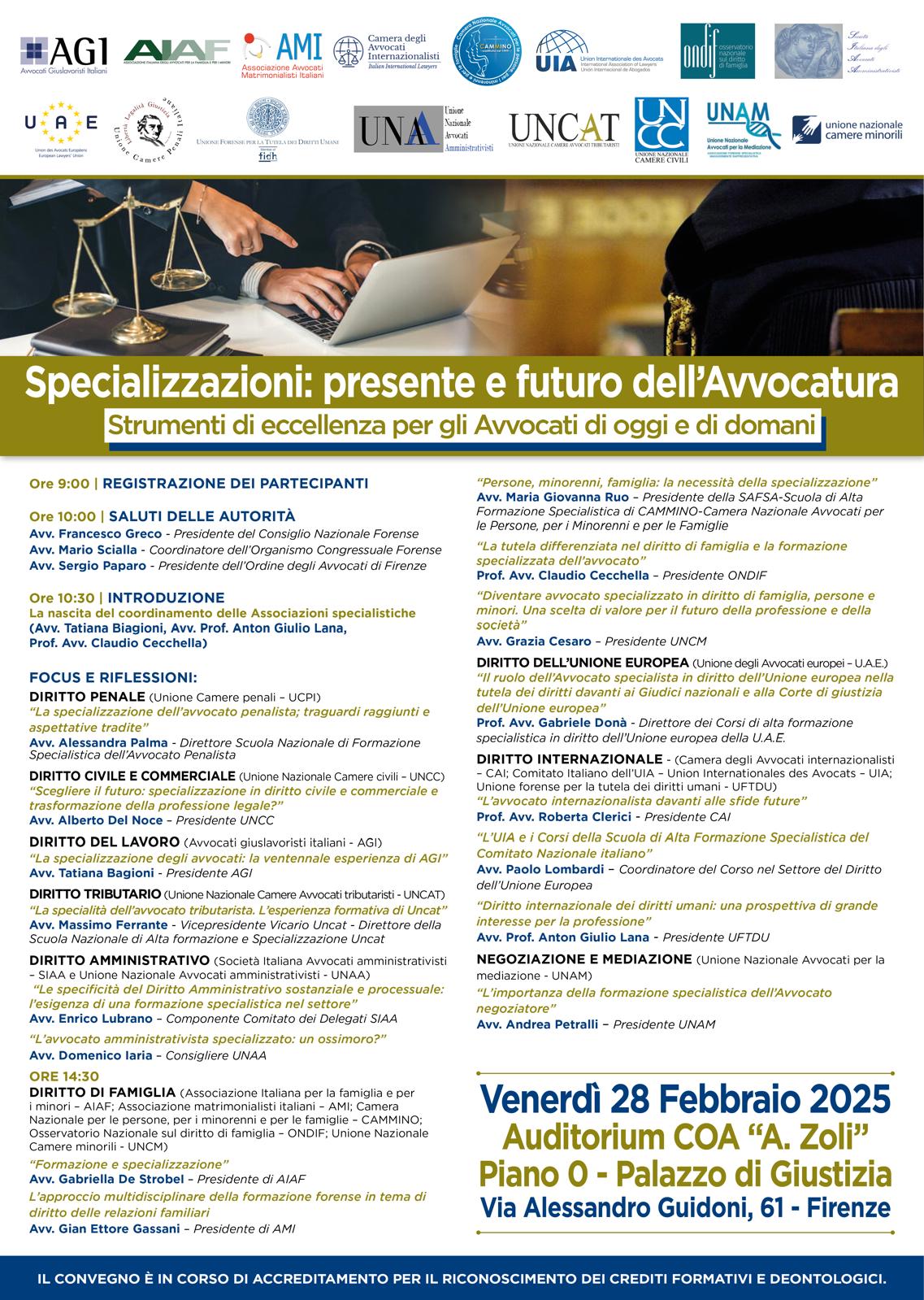 Convegno “Specializzazioni: presente e futuro dell’Avvocatura” venerdì 28 febbraio a Firenze