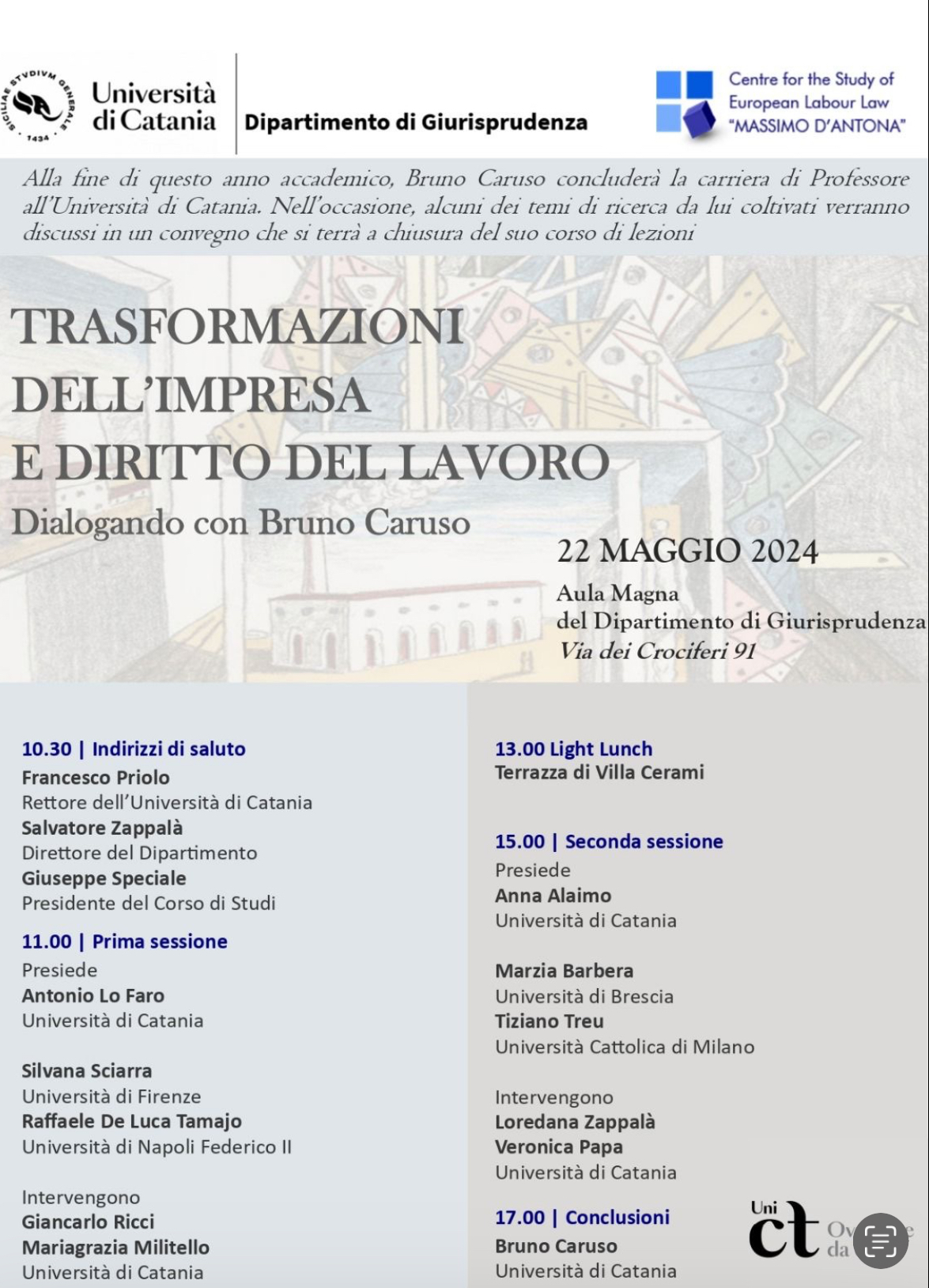 TRASFORMAZIONI DELL'IMPRESA E DIRITTO DEL LAVORO Dialogando con Bruno Caruso - Il prossimo 22 maggio